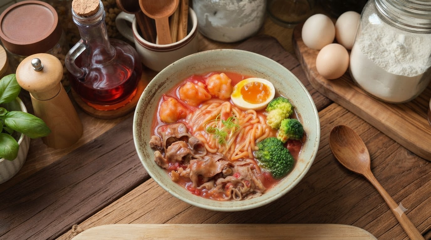 Soupe Épaisse de Nouilles au Bœuf et à la Tomate, Pêches Infusées au Thé