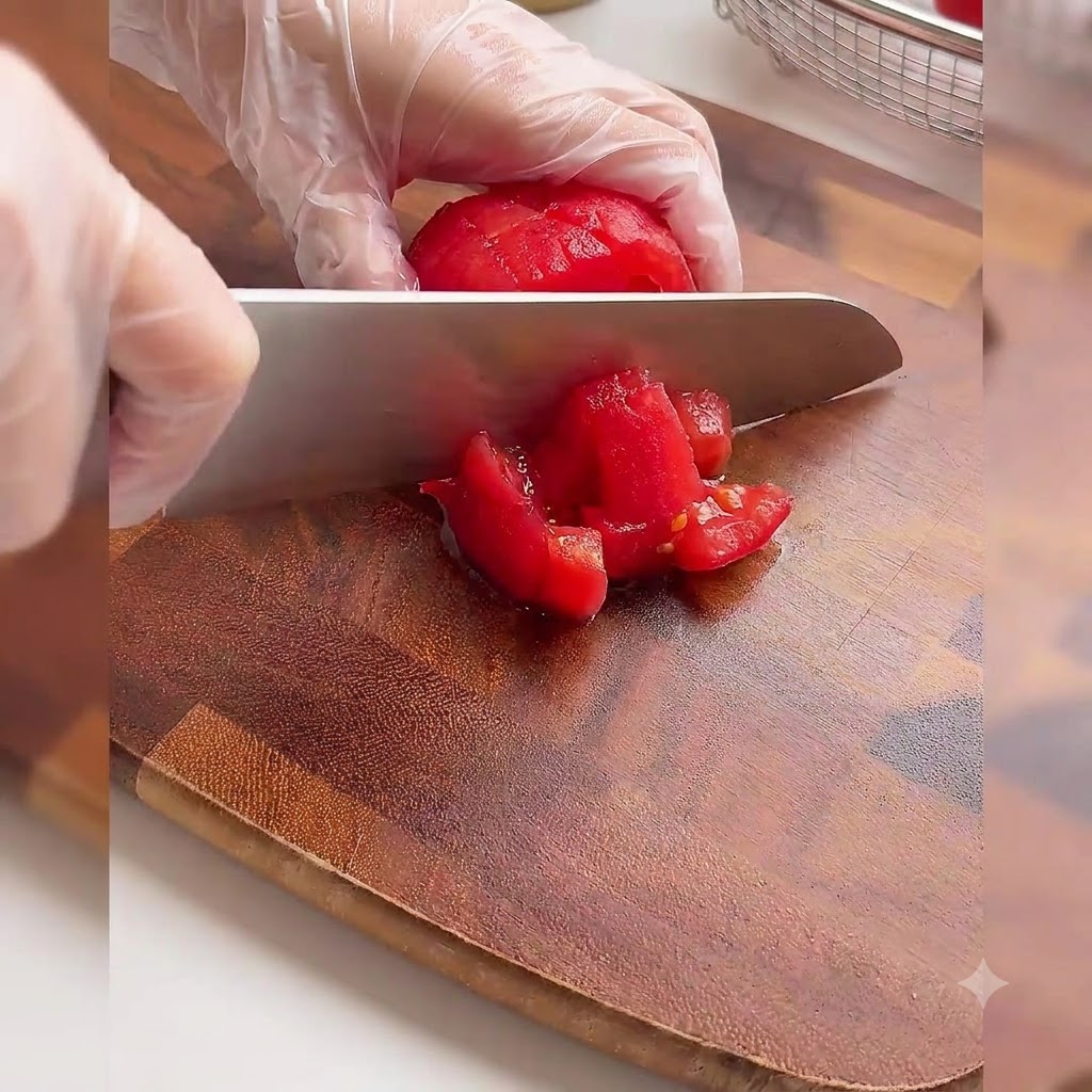 Une main gantée coupant des tomates rouges pelées en petits cubes sur une planche à découper en bois.