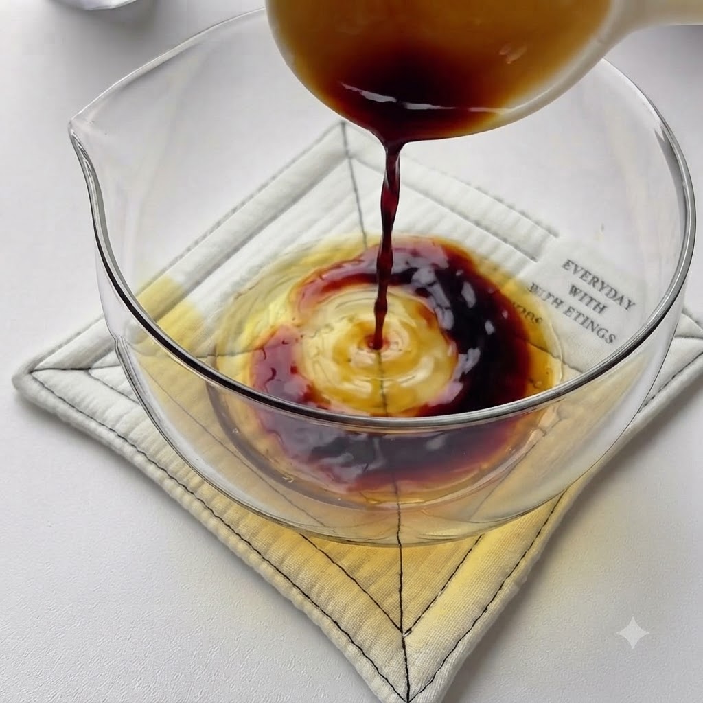 Des sauces et assaisonnements versés et mélangés dans un verre doseur.