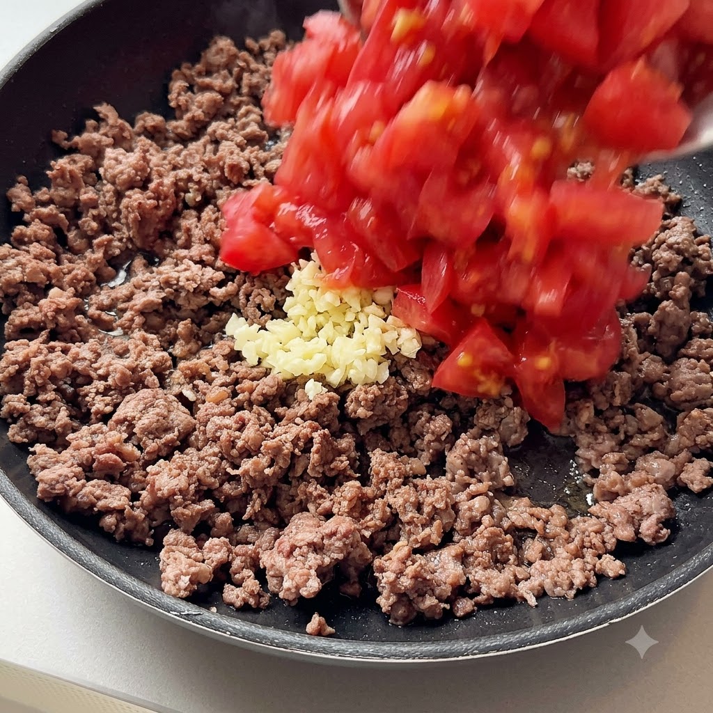 De lail haché et des cubes de tomates ajoutés à la poêle avec le bœuf haché cuit.
