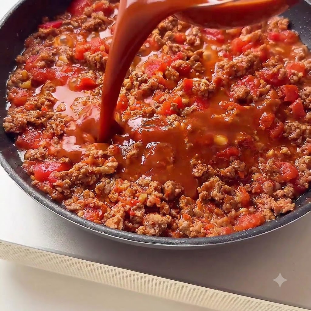 Une sauce riche dun brun rougeâtre versée depuis un récipient dans une poêle contenant du bœuf cuit et des tomates en dés.