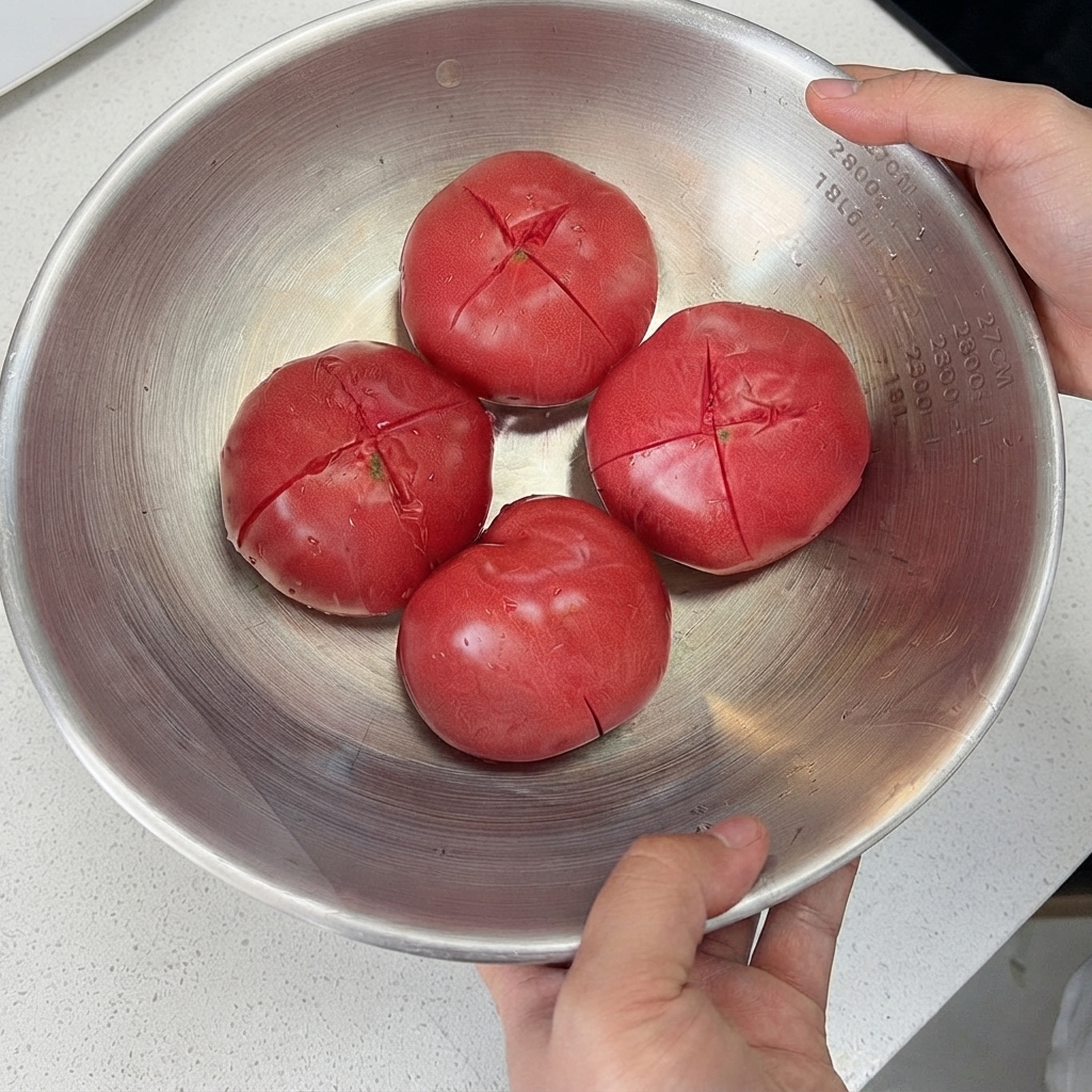 Quatre tomates fraîches dans un grand bol en métal avec des incisions en croix sur le dessus.