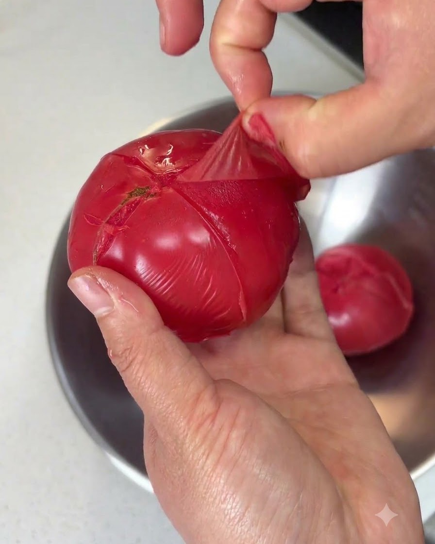 Mains retirant la fine peau dune tomate ébouillantée, révélant la chair rouge et lisse en dessous.