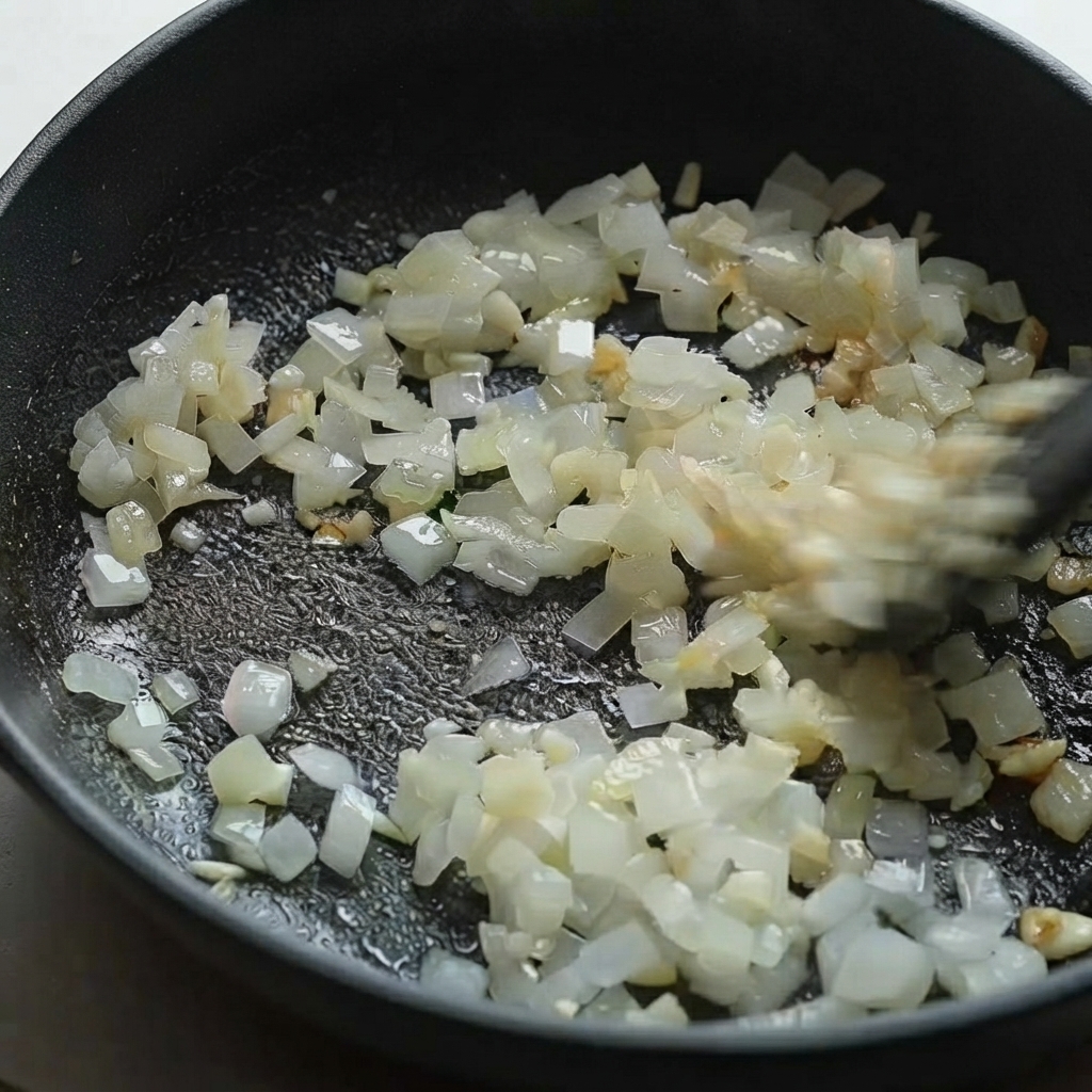 Une spatule noire remuant des oignons émincés et de lail haché dans une poêle chaude.