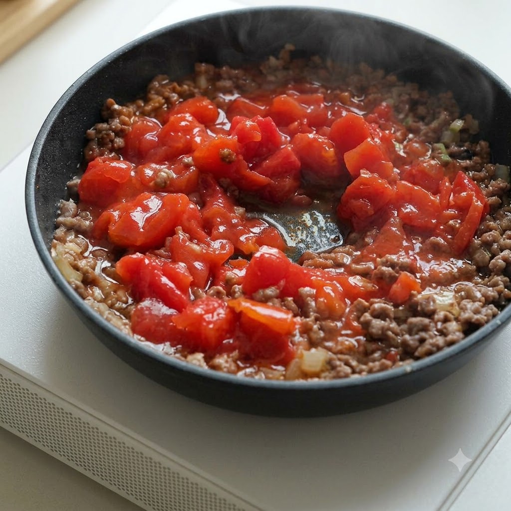 Des tomates concassées en conserve incorporées dans une poêle de bœuf haché cuit.