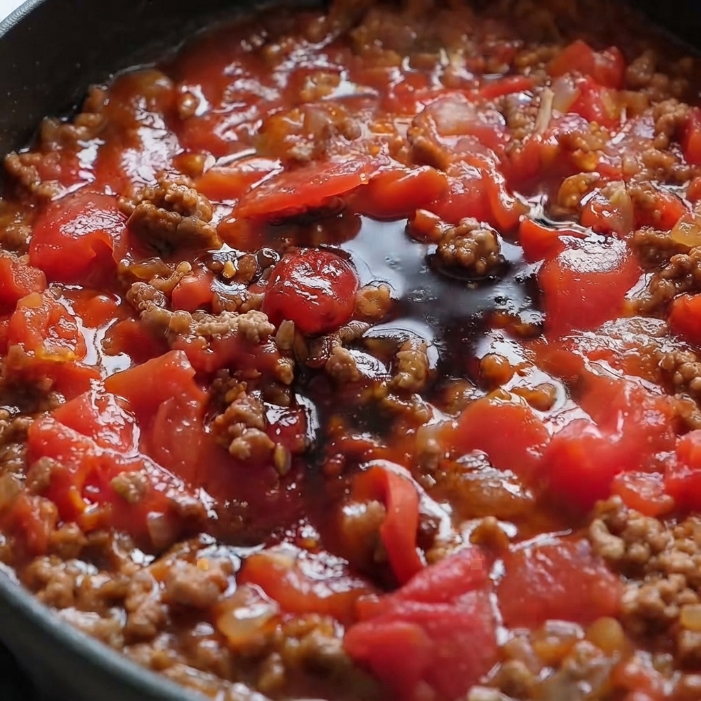 Des sauces foncées comme la sauce soja et la sauce huître se répandant au centre dune sauce riche à la tomate et au bœuf haché dans une poêle.