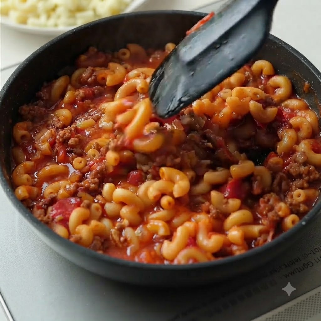Des macaronis bouillis incorporés dans une riche sauce à la viande à lintérieur dune poêle.