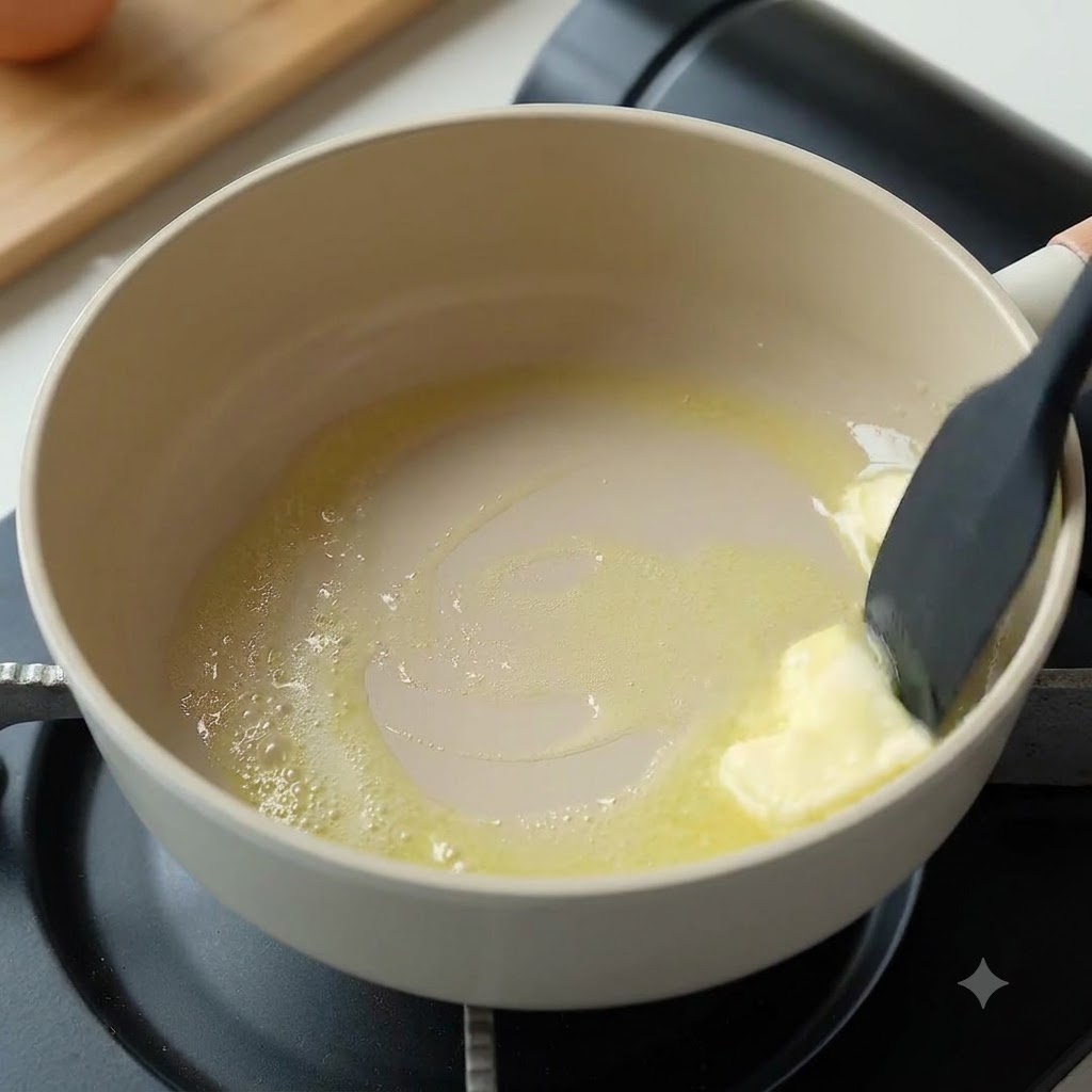 Un morceau de beurre fondant à lintérieur dune casserole propre à feu doux.