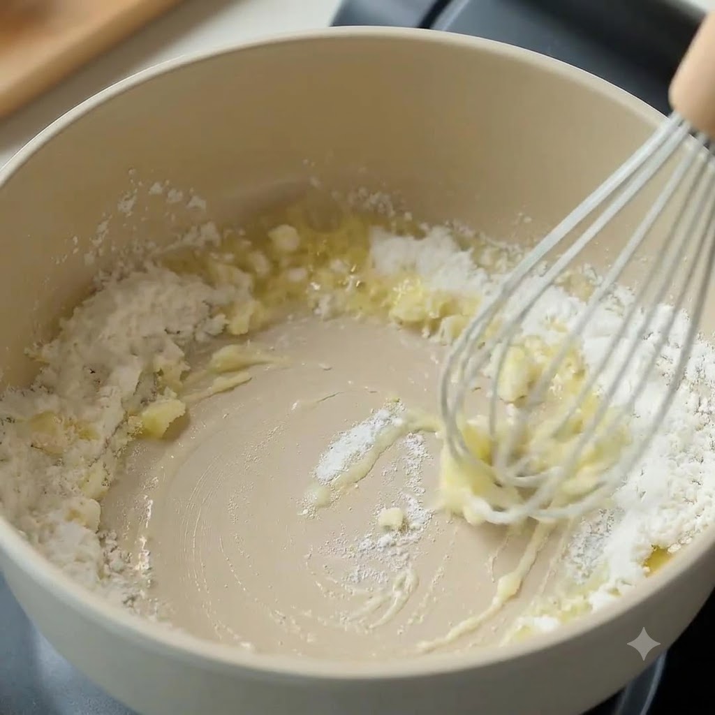 De la farine incorporée au fouet dans du beurre fondu dans une casserole pour former un roux.