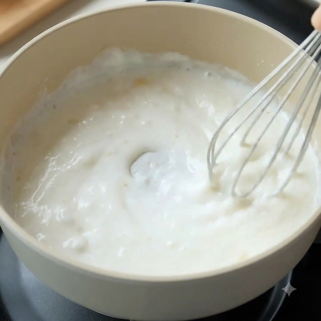 Un fouet remuant le mélange de lait et de farine dans une casserole de couleur claire pour former une sauce blanche.
