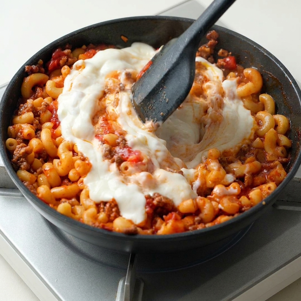 Une spatule mélangeant une sauce blanche crémeuse avec des macaronis et du bœuf dans une poêle.