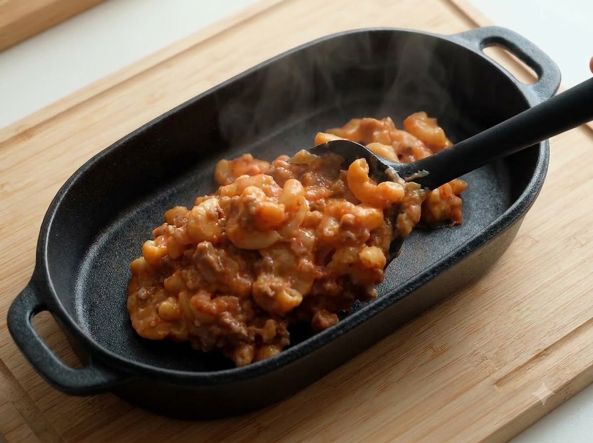 Une spatule noire prélevant et étalant des pâtes crémeuses au bœuf dans un plat à gratin ovale foncé sur une planche en bois.