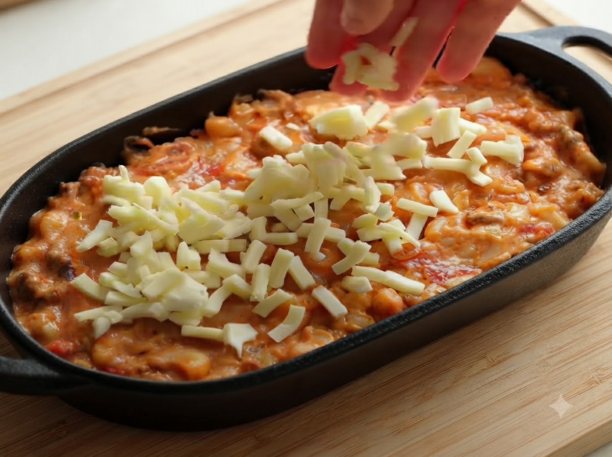 Une main parsemant de la mozzarella râpée de manière uniforme sur le dessus du mélange de pâtes à lintérieur dun plat à gratin noir.
