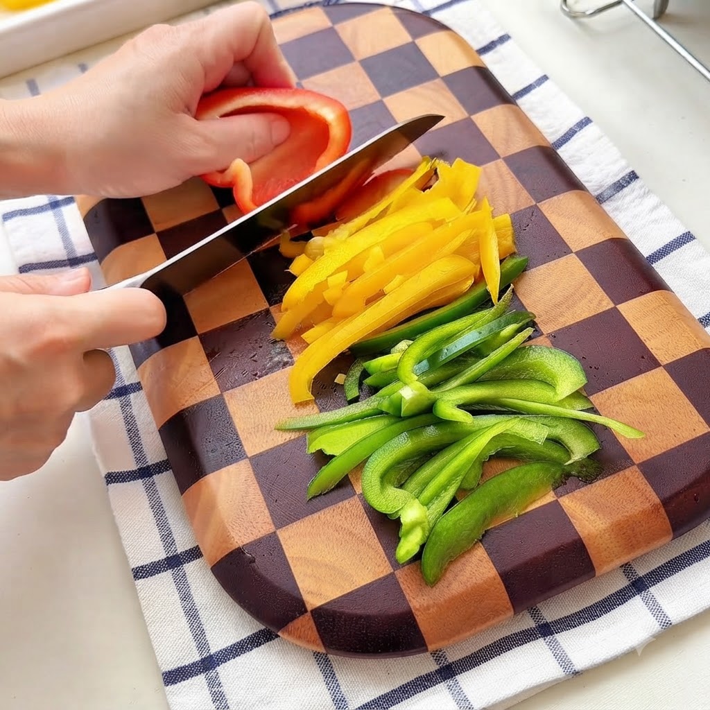 Une personne coupant des poivrons colores en fines lamelles sur une planche a decouper en bois a damier.