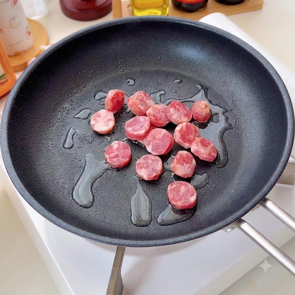 Des rondelles de saucisse qui cuisent dans une poele avec de l huile a feu moyen.