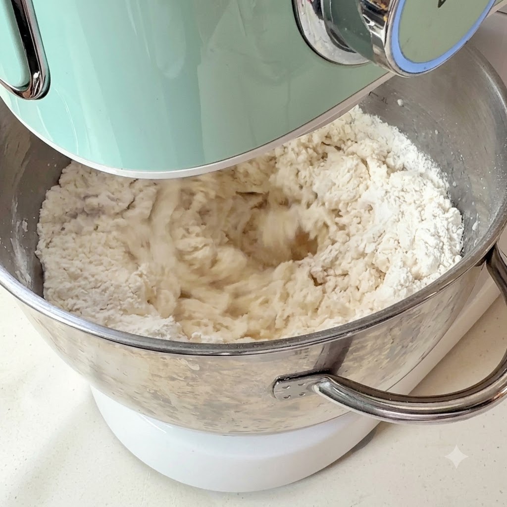 Des ingredients en cours de melange et de petrissage a l interieur d un bol de batteur sur socle pour former une pate lisse.
