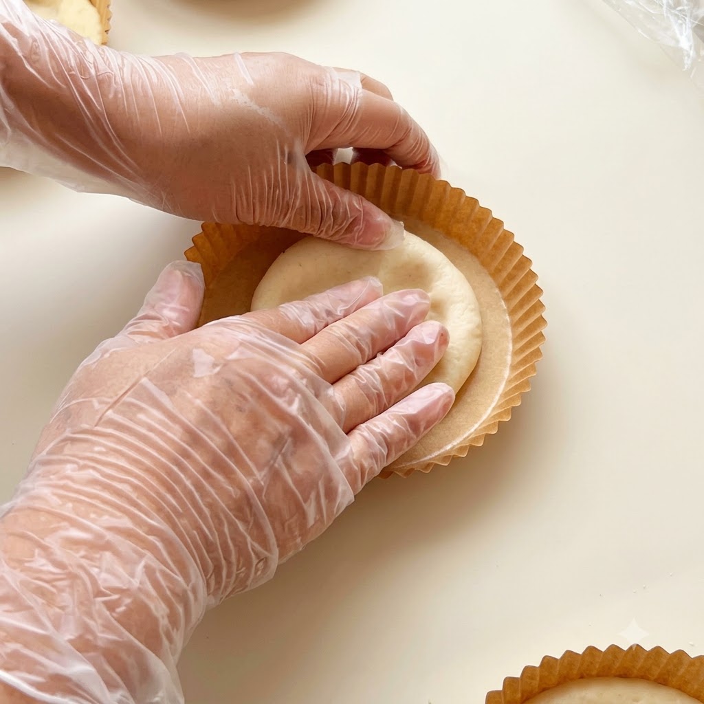 Des mains gantees pressant la pate du centre vers l exterieur a l interieur d un moule en papier pour former une croute de pizza.
