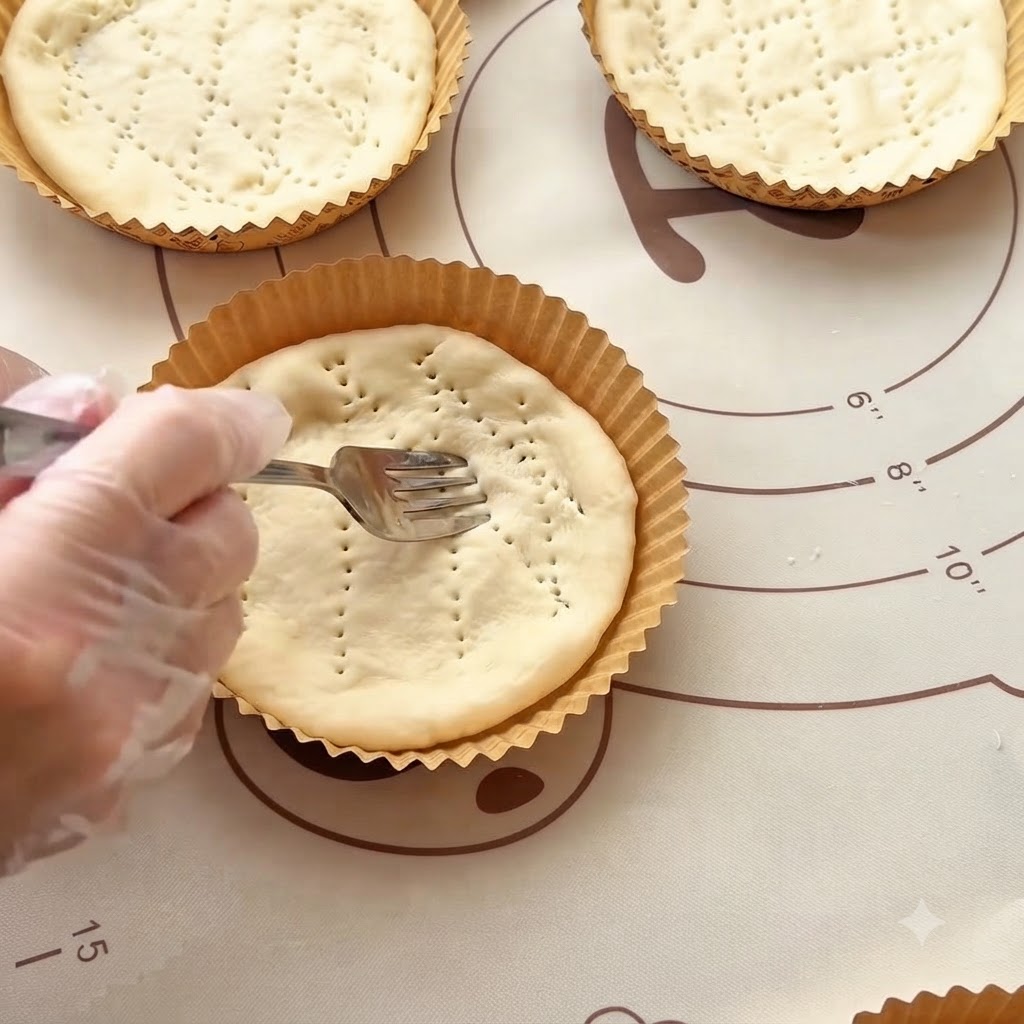 Une fourchette piquant des trous sur la surface d une base de mini pizza faconnee a l interieur d un moule en papier.