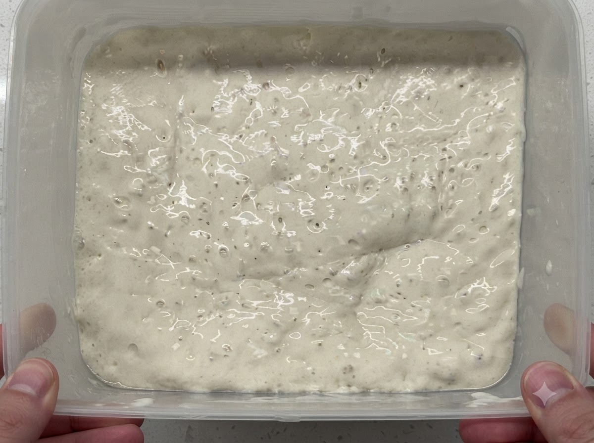 Gros plan sur lajout de sel et de farine dans un récipient rectangulaire rempli de pâte poolish bulleuse.