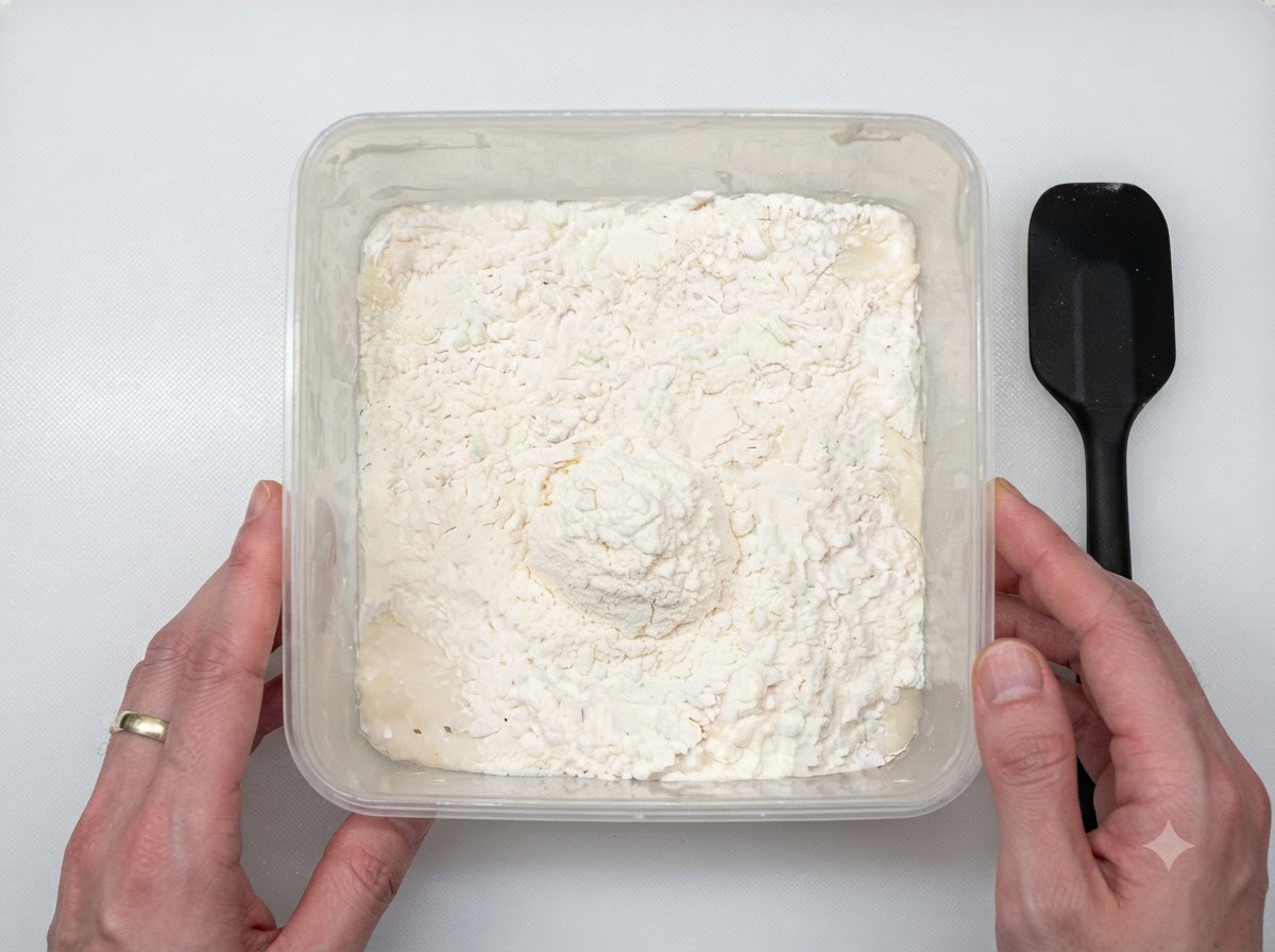 Récipient rempli de poolish saupoudré de farine et de sel, à côté dune spatule noire.