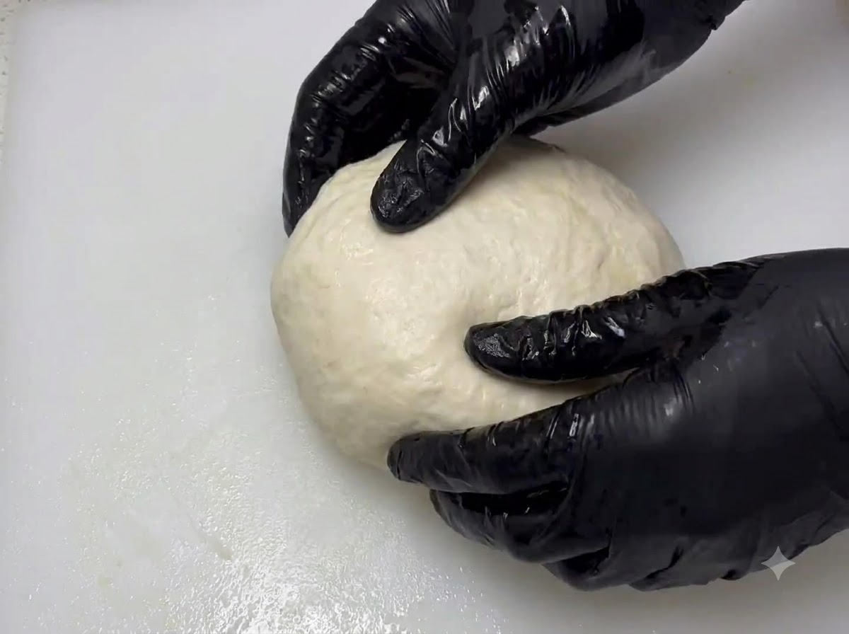 Mains gantées étirant et repliant une boule de pâte sur une planche à découper blanche.
