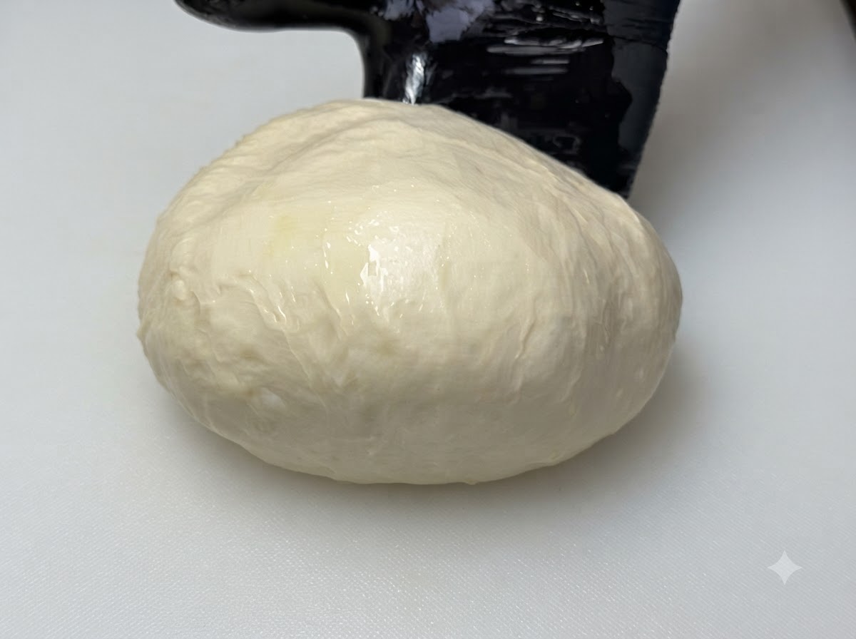 Une boule lisse de pâte huilée reposant dans un bol en verre.
