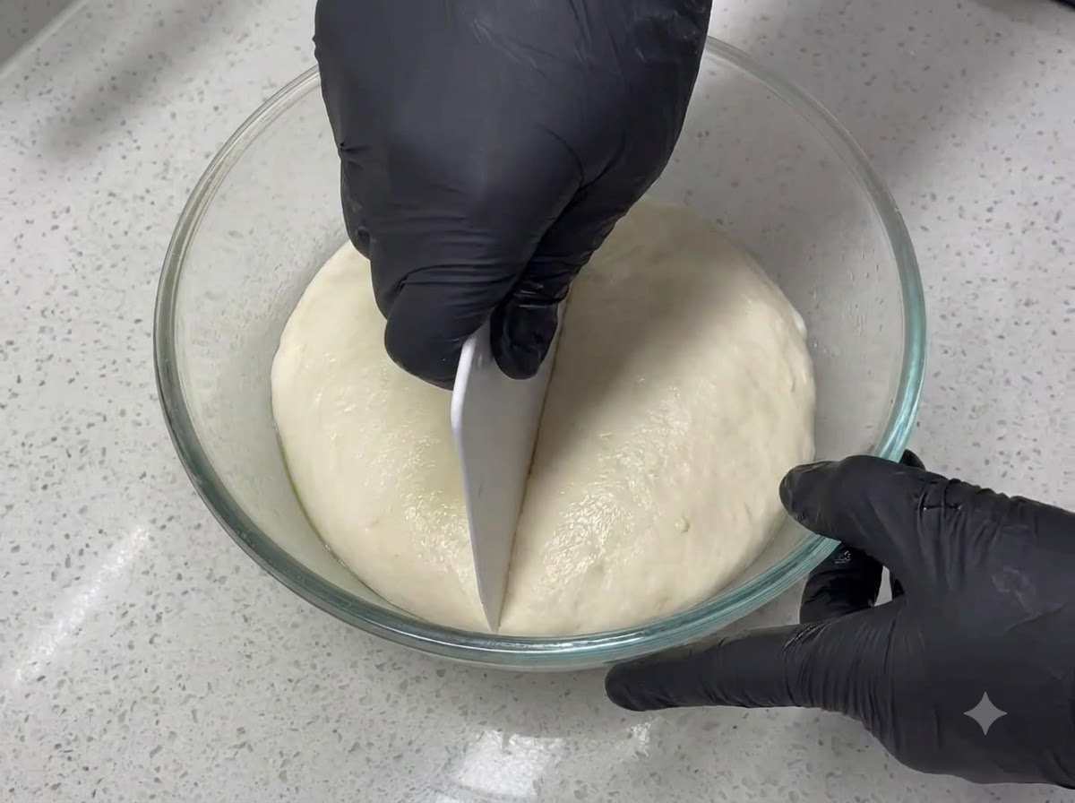 Mains gantées utilisant un coupe-pâte en plastique blanc pour diviser une boule de pâte levée en deux dans un bol en verre transparent.