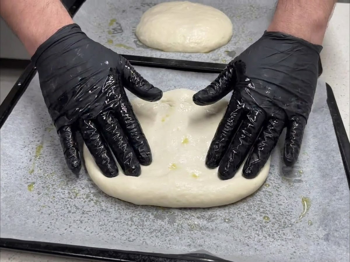 Mains gantées pressant et aplatissant un morceau de pâte rond sur une plaque de cuisson pour létirer vers lextérieur.