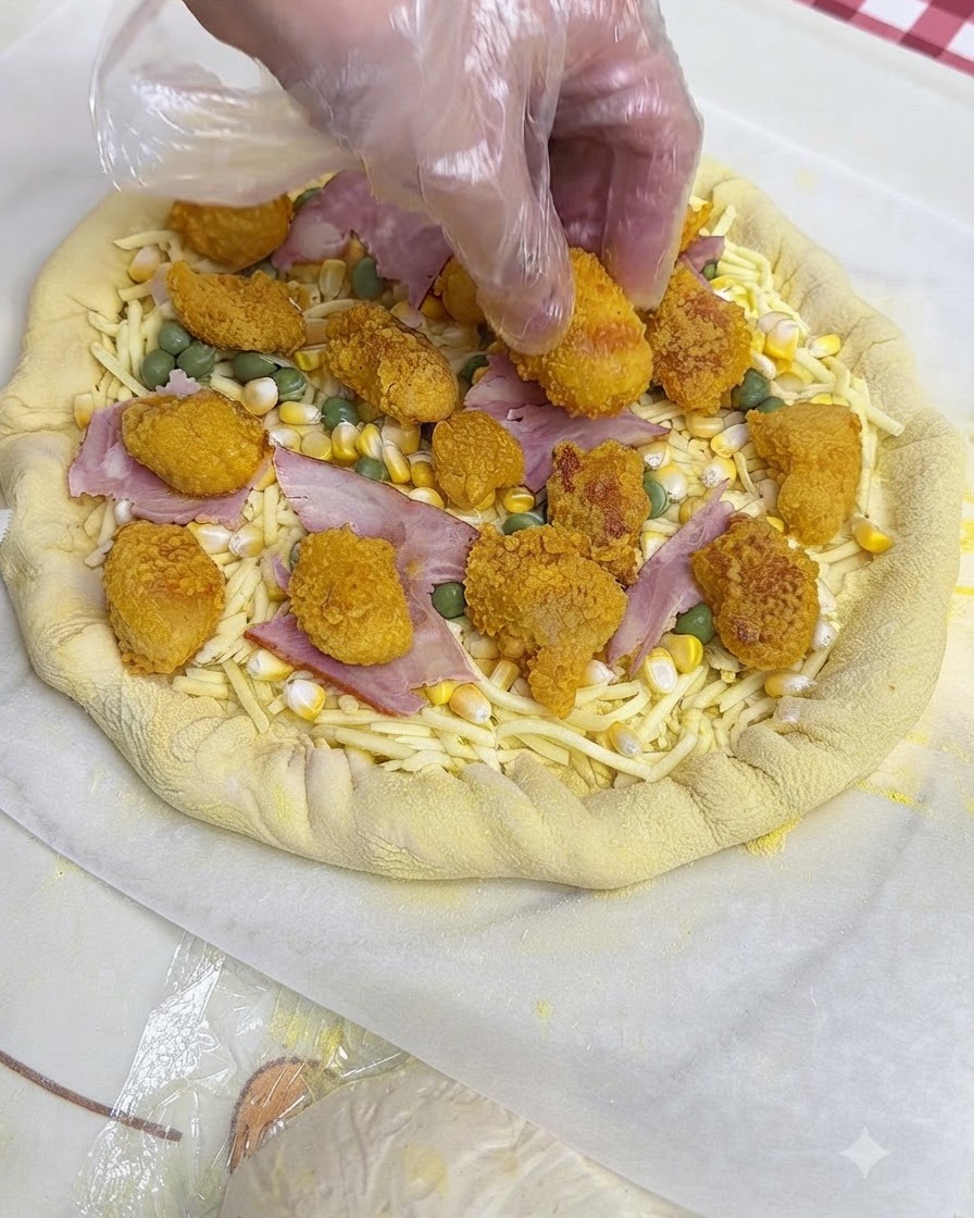 Une main gantée plaçant des morceaux de poulet panés et enrobés sur une base de pizza garnie de fromage, de maïs, de petits pois et de bacon.