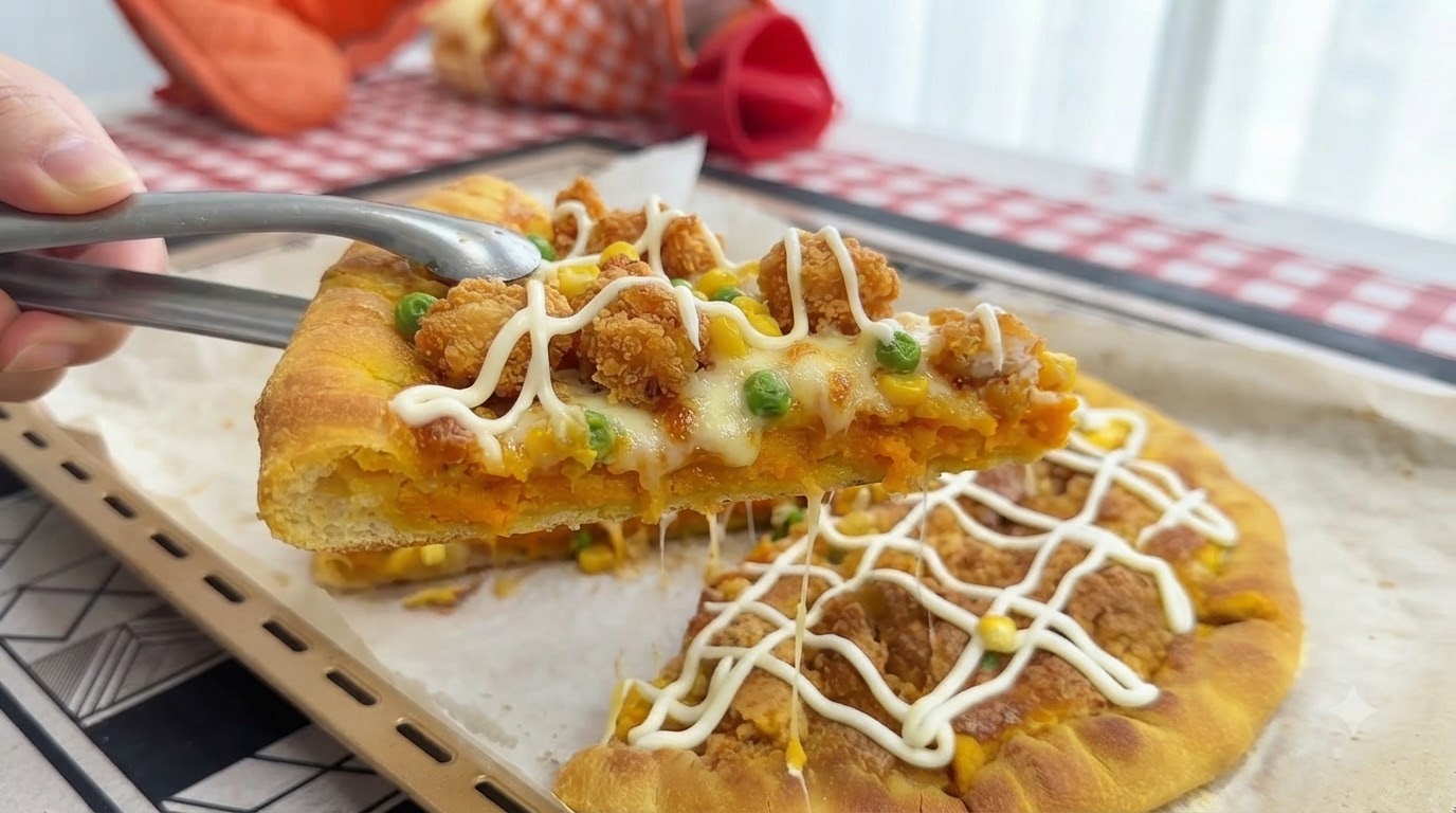 Pizza au Poulet et aux Jaunes d'Œufs Salés avec Croûte Farcie à la Patate Douce