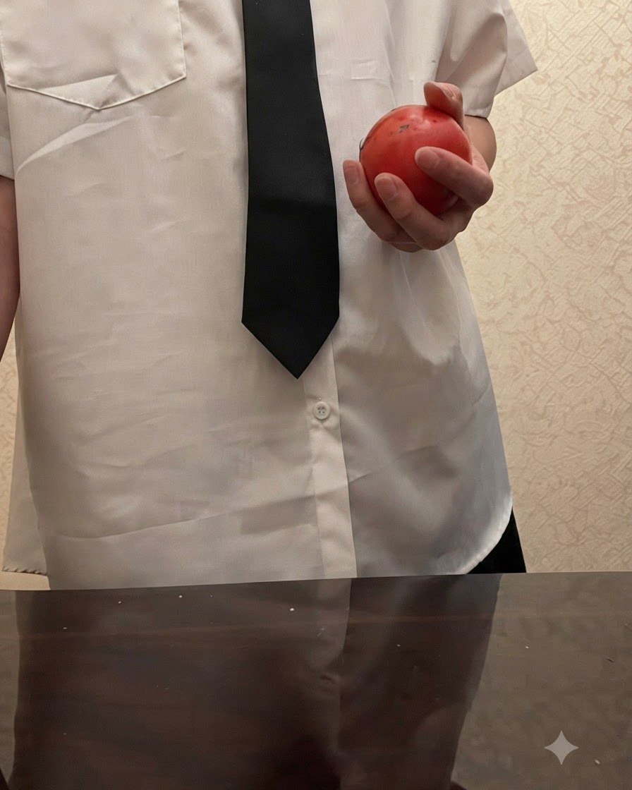 Une personne tenant une tomate rouge fraiche et entiere devant une chemise blanche et une cravate noire.