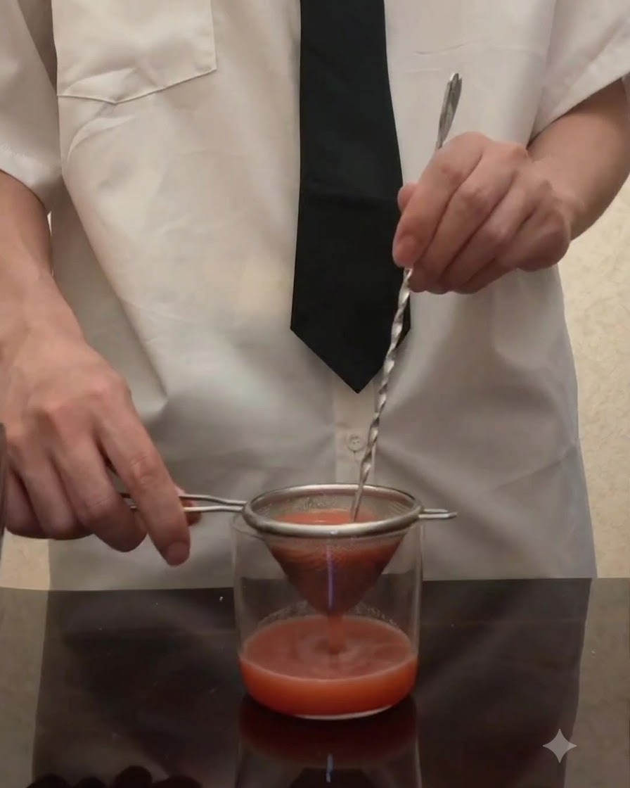De la puree de tomate filtreee a travers un tamis conique a mailles dans un verre a laide dune cuillere de bar torse.