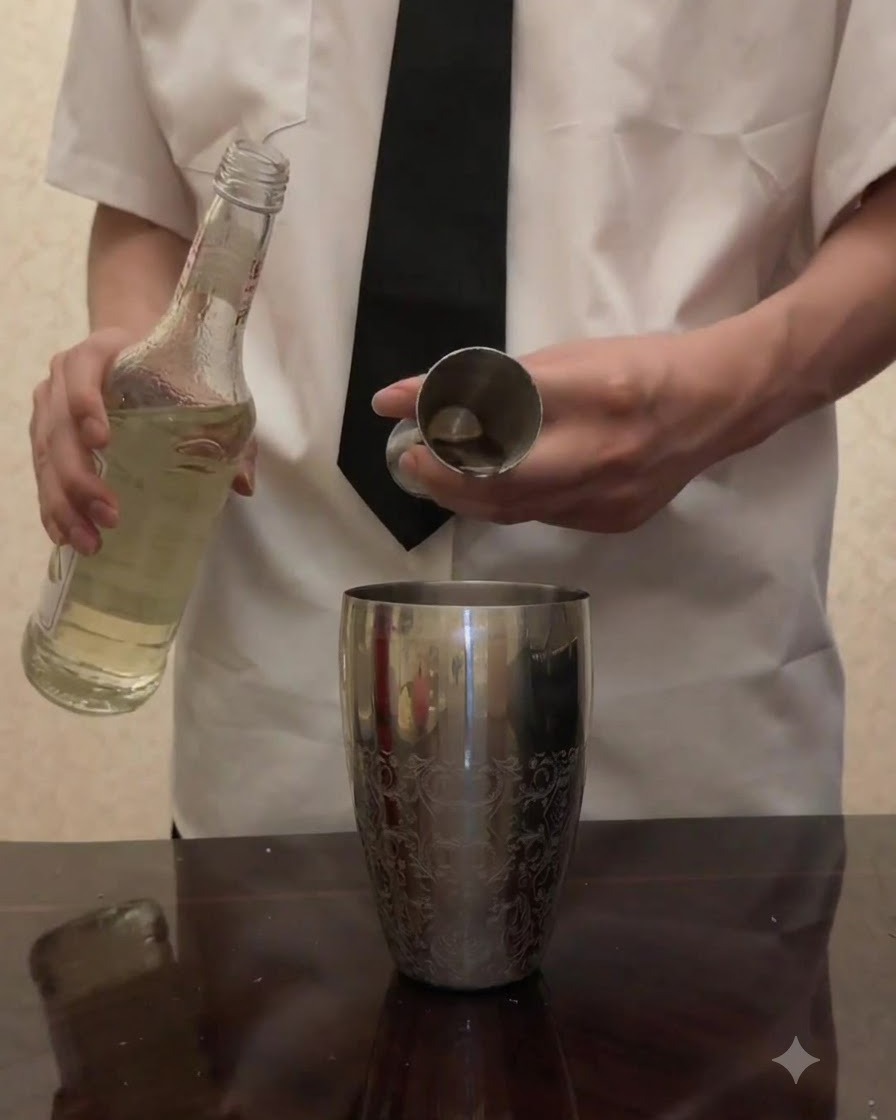 Du sirop transparent verse dune bouteille dans un jigger tenu au-dessus dun shaker a cocktail en acier inoxydable.