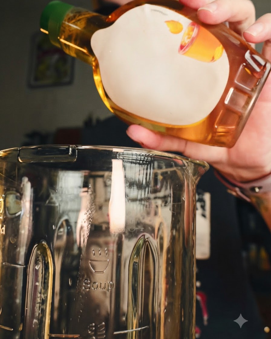 Du sirop dagave versé depuis une bouteille dans le bol du blender.