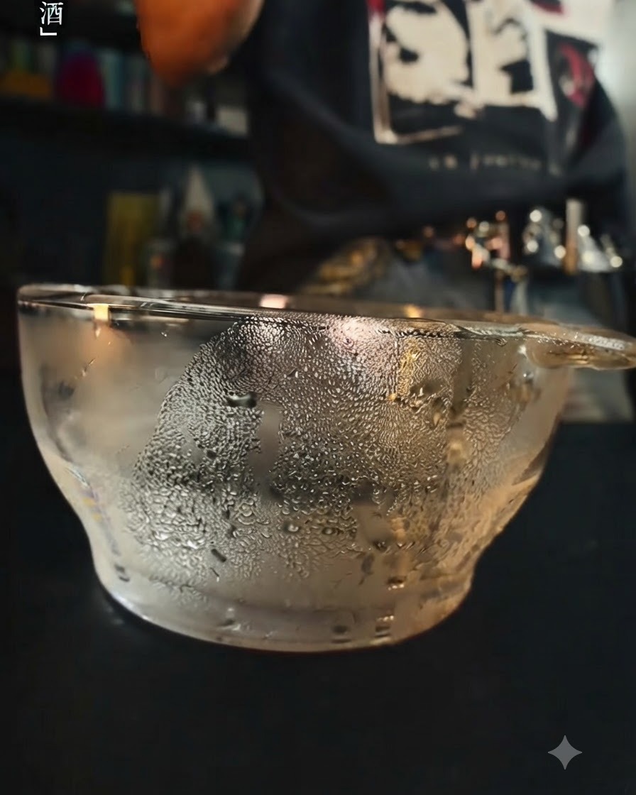 Un bol en verre couvert de gouttelettes deau, reflétant le processus de trempage de la gélatine.
