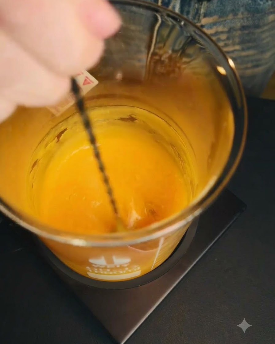 Une cuillère à long manche remuant une purée de mangue orange dans un verre doseur placé sur une source de chaleur.
