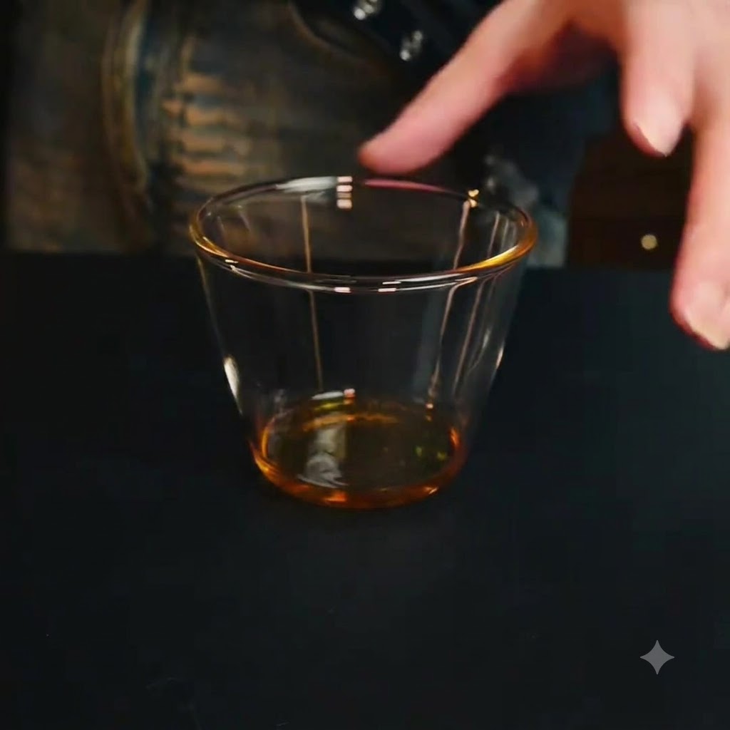 Un verre transparent vide posé sur un plan de travail sombre, prêt à recevoir du liquide.