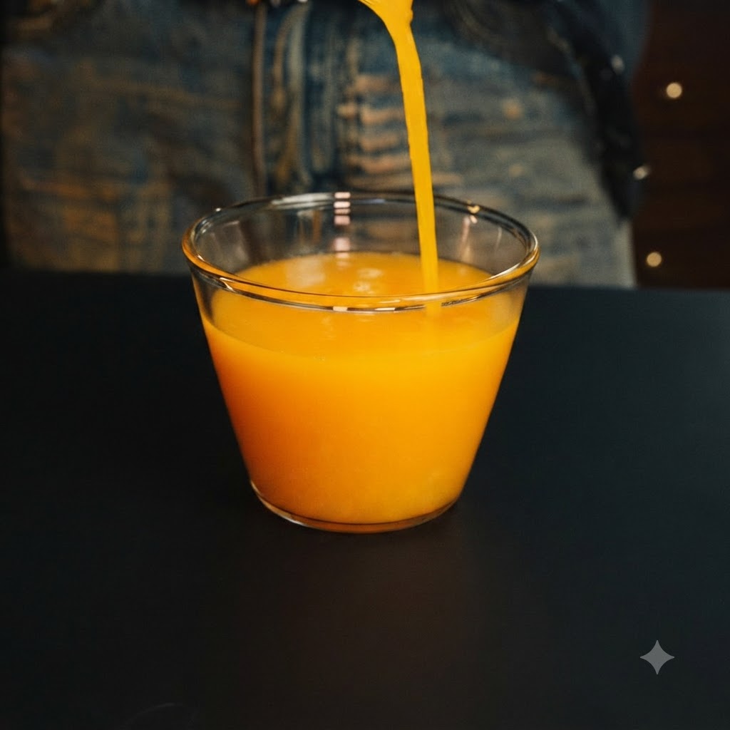 Un liquide orange vif versé de haut dans un verre transparent, le remplissant presque jusquau bord.