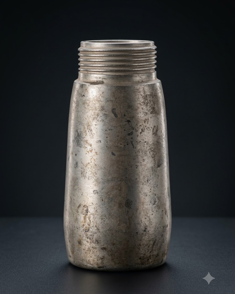Un siphon à chantilly en métal usé et rayé avec un sommet fileté posé verticalement sur une surface sombre.