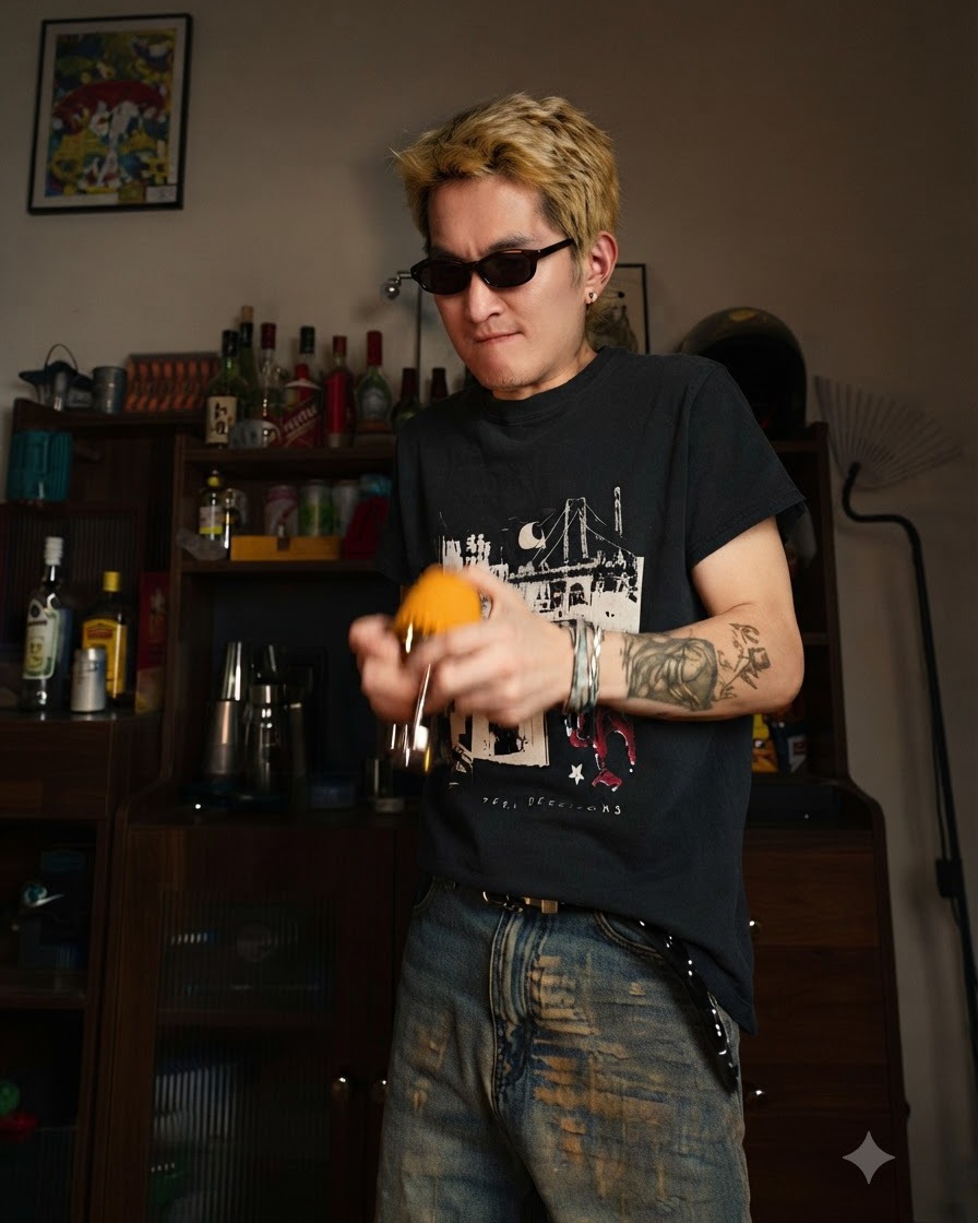 Une personne aux cheveux blonds portant des lunettes de soleil et un t-shirt sombre manipulant avec précaution un verre inversé pour libérer la gelée jaune.