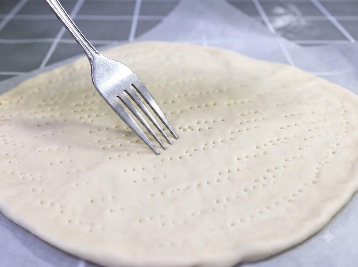 Une fourchette perçant des trous au centre de la pâte à pizza façonnée.