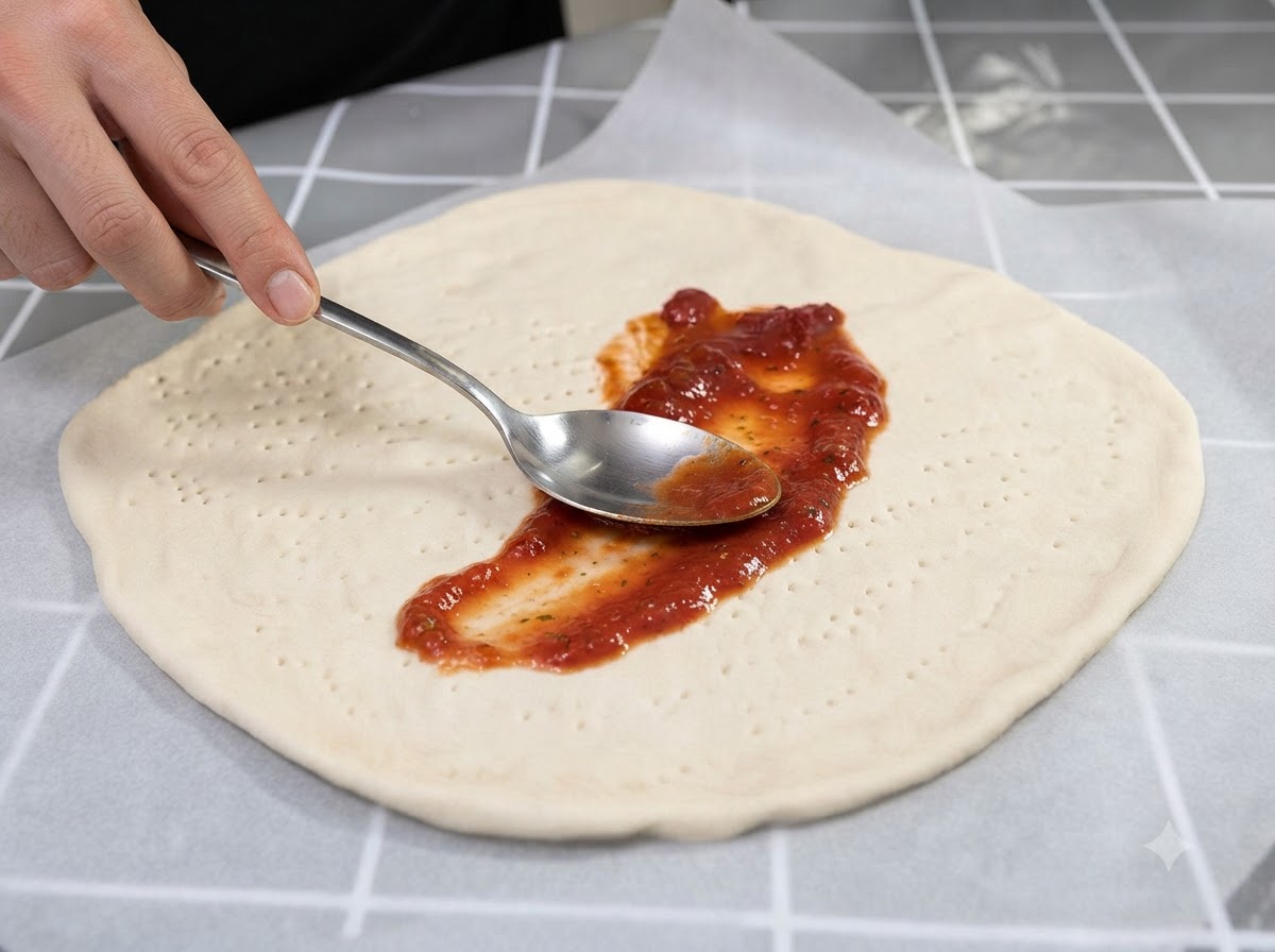 Une cuillère en métal étalant une noisette de sauce tomate rouge sur le centre dune base de pâte à pizza pâles.