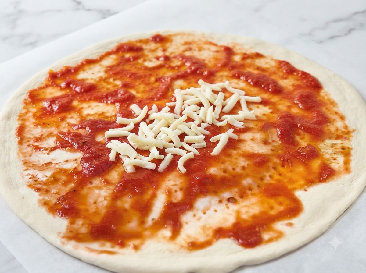 Une poignée de fromage mozzarella blanc râpé éparpillée sur une base de pizza à la sauce tomate.