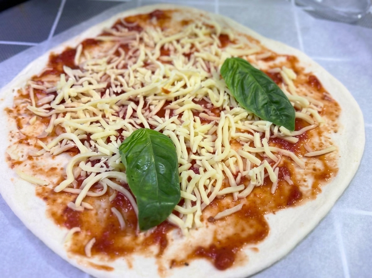 Plusieurs feuilles de basilic frais vert vif placées sur le fromage râpé et la sauce tomate.
