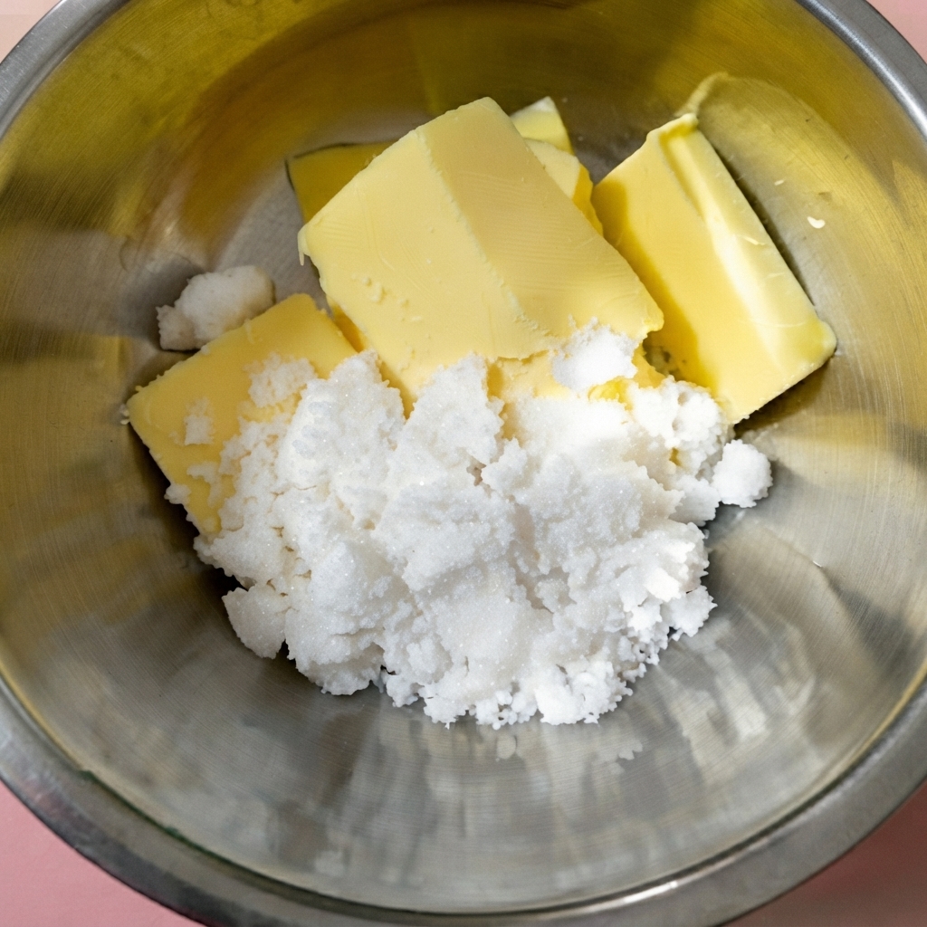 Des cubes de beurre et du sucre blanc disposés ensemble à lintérieur dun bol mélangeur en acier inoxydable.