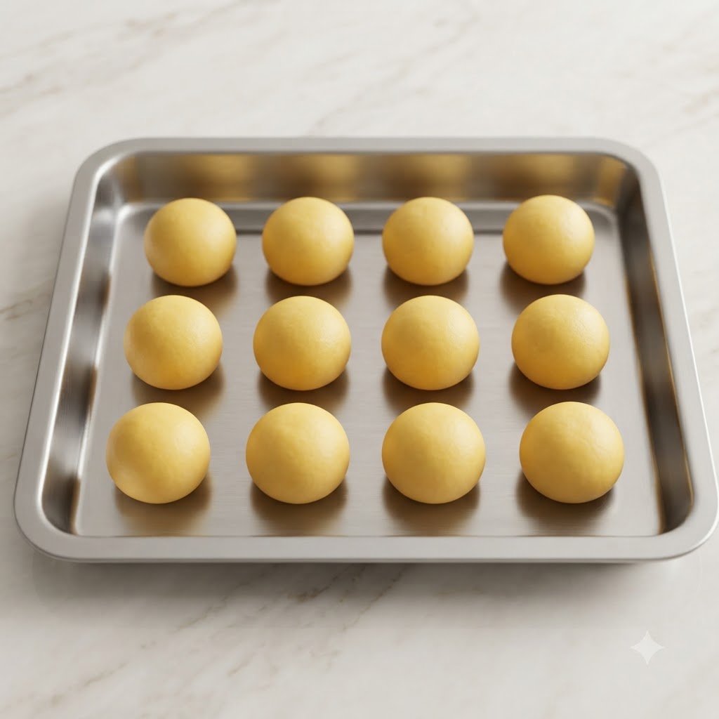 Un plateau en métal garni de boules de pâte jaunes lisses et espacées de manière égale, prêtes pour lempreinte du pouce.