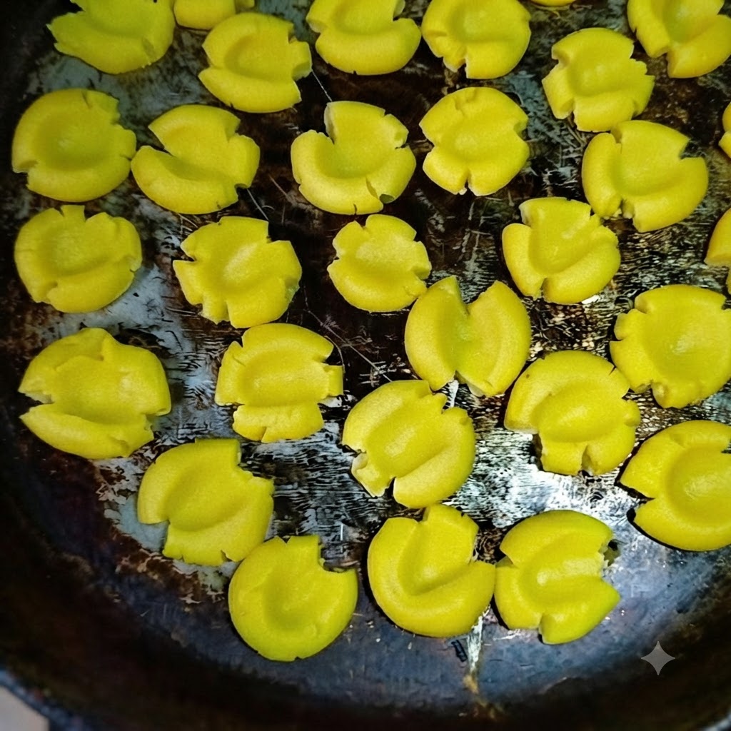 Morceaux de pâte à biscuits jaune façonnés disposés soigneusement à lintérieur dune poêle antiadhésive foncée prête pour la cuisson.