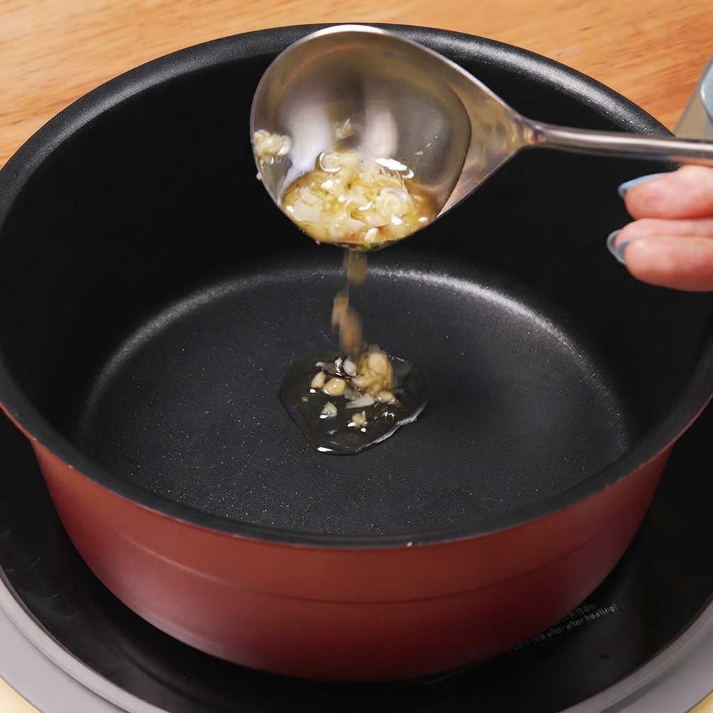 Versement de la sauce soja claire dans une casserole rouge contenant de lhuile dail et des piments.