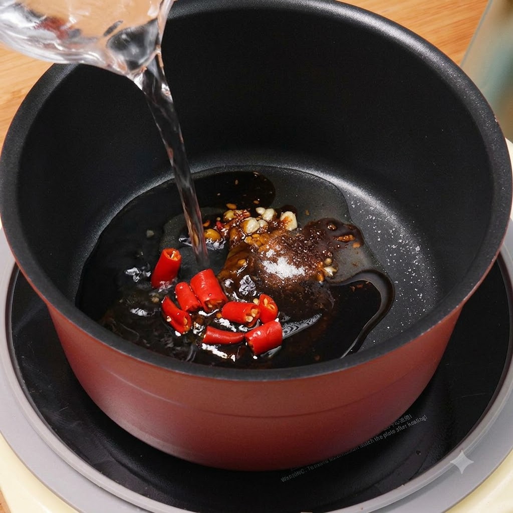 Versement deau propre depuis un verre mesureur dans la casserole avec la sauce et les piments rouges.