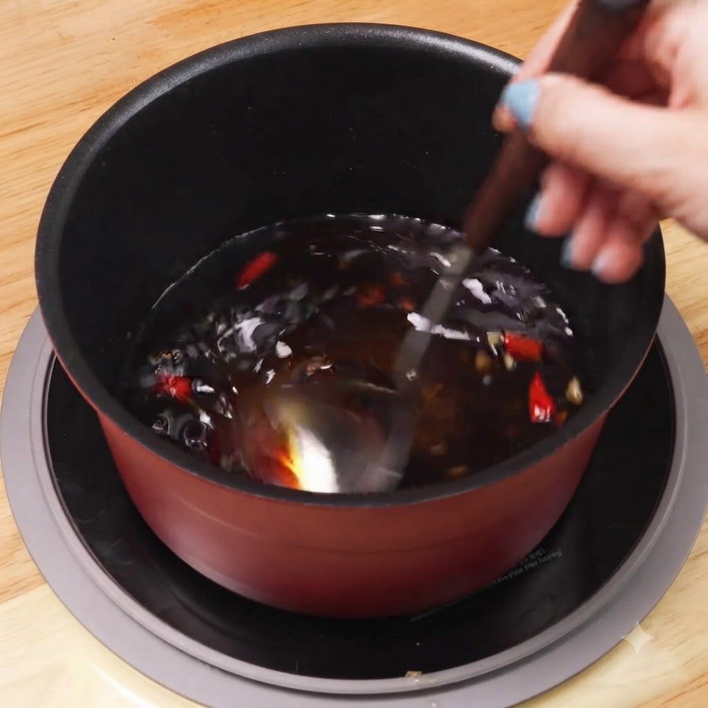 Une louche remuant la sauce foncée à lintérieur dune casserole rouge.